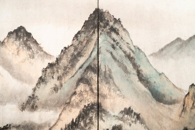 Chinese school, signed Tan Xun, 20th C., ink and colour on paper mounted as screen: 'Mountain landscape'