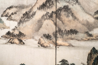 Chinese school, signed Tan Xun, 20th C., ink and colour on paper mounted as screen: 'Mountain landscape'