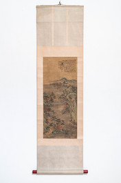 Chinese school, naar Qiu Ying (c.1494-1551/52), inkt en kleur op zijde: 'bergachtig landschap', met inscriptie en gedat. 1545