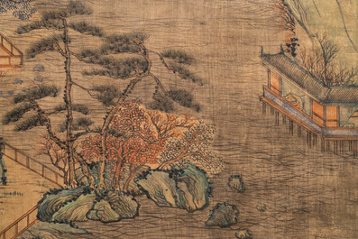 Chinese school, naar Qiu Ying (c.1494-1551/52), inkt en kleur op zijde: 'bergachtig landschap', met inscriptie en gedat. 1545