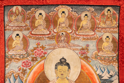 Een collectie van vijf thangkas, Tibet, 19/20e eeuw