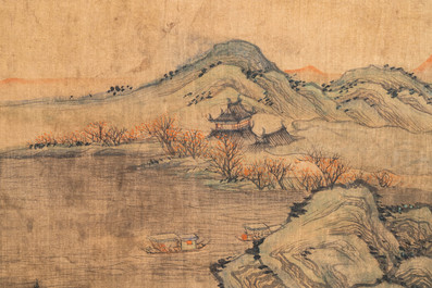 Chinese school, naar Qiu Ying (c.1494-1551/52), inkt en kleur op zijde: 'bergachtig landschap', met inscriptie en gedat. 1545