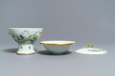 A Chinese qianjiang cai spice box and a warming bowl on foot, 19/20th C.