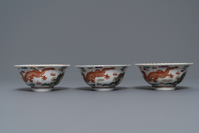 Zes Chinese famille rose Straits of Peranakan kommen met draken, Qianlong merk, 19e eeuw