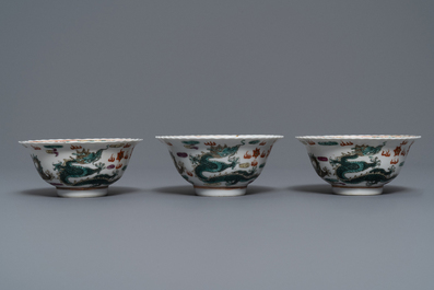 Six Chinese Straits or Peranakan famille rose bowls with dragons, Qianlong mark, 19th C.