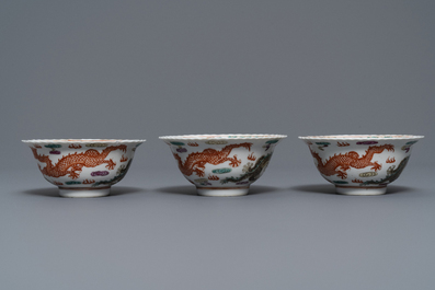 Zes Chinese famille rose Straits of Peranakan kommen met draken, Qianlong merk, 19e eeuw