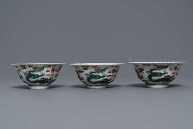 Six Chinese Straits or Peranakan famille rose bowls with dragons, Qianlong mark, 19th C.