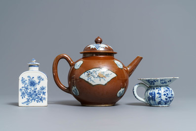 A large Chinese 'capucin' teapot, a blue and white spittoon and various tea wares, Kangxi/Qianlong