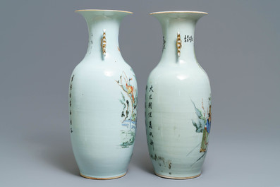 Two Chinese famille rose vases with figures in a garden, 19/20th C.