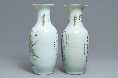 Two Chinese famille rose vases with figures in a garden, 19/20th C.