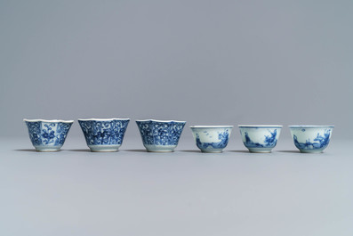 Une grande th&eacute;i&egrave;re &agrave; fond capucin, un crachoir et divers porcelaines de Chine en bleu et blanc, Kangxi/Qianlong