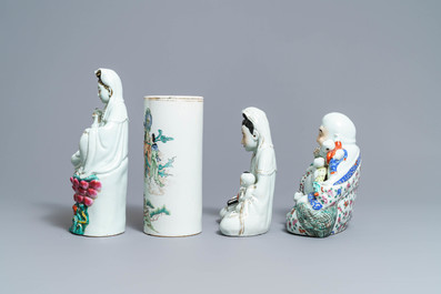 Three Chinese famille rose figures and a qianjiang cai hat stand, 19/20th C.