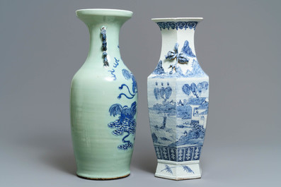 Twee Chinese vazen met blauw-wit en celadon decor, 19e eeuw