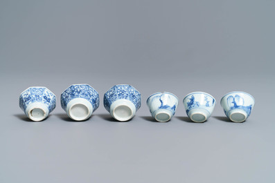 Une grande th&eacute;i&egrave;re &agrave; fond capucin, un crachoir et divers porcelaines de Chine en bleu et blanc, Kangxi/Qianlong