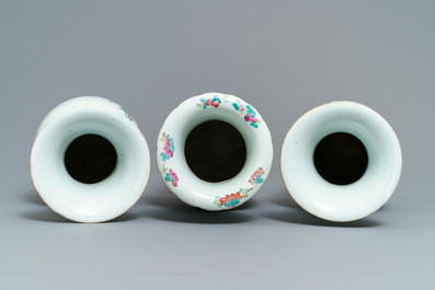 A pair of Chinese famille rose vases and a turquoise-ground warrior vase, 19/20th C.