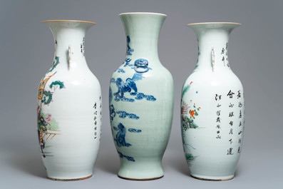 Two Chinese famille rose vases and a blue and white celadon vase, 19/20th C.