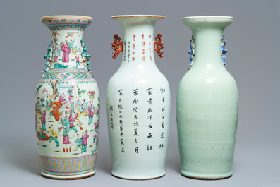 Drie Chinese vazen met famille rose, qianjiang cai en blauw-wit decor, 19e eeuw