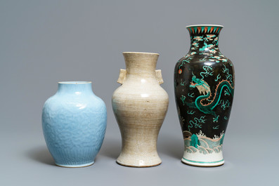 Three Chinese monochrome and famille noire vases, 19th C.