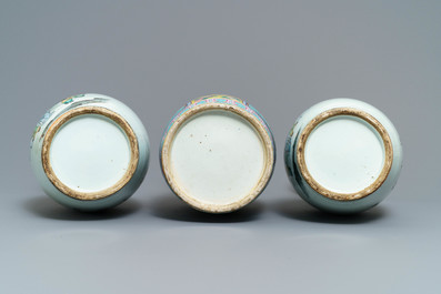 A pair of Chinese famille rose vases and a turquoise-ground warrior vase, 19/20th C.