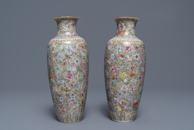 A pair of Chinese famille rose 'millefleurs' eggshell vases, Qianlong mark, Republic, 20th C.