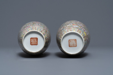 A pair of Chinese famille rose 'millefleurs' eggshell vases, Qianlong mark, Republic, 20th C.