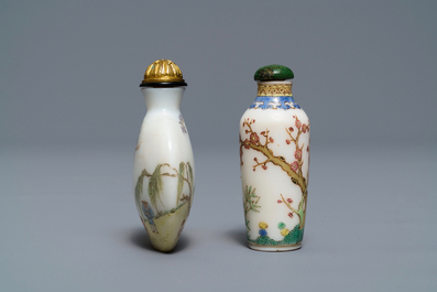 Two Chinese enamelled glass snuff bottles, Guyue Xuan marks, probably Palace workshops, Beijing, Qianlong