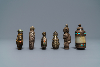 Six Chinese coral and turquoise-inlaid silver and jade snuff bottles, 19/20th C.