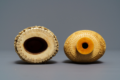 Two Chinese carved ivory snuff bottles, 19th C.