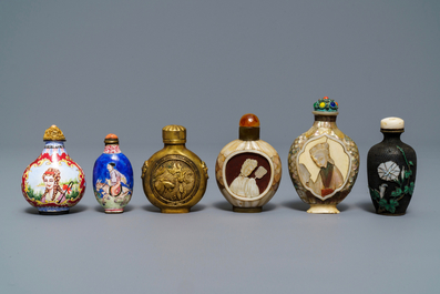 Six Chinese Canton and Beijing enamel, mother of pearl and gilt brass snuff bottles, 18/19th C.