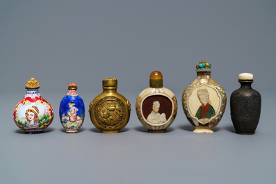 Six Chinese Canton and Beijing enamel, mother of pearl and gilt brass snuff bottles, 18/19th C.