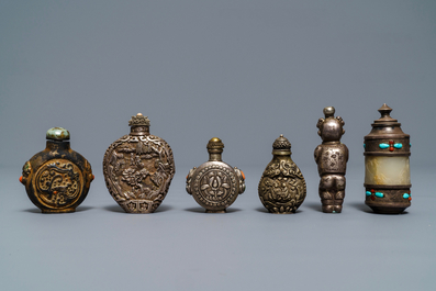 Six Chinese coral and turquoise-inlaid silver and jade snuff bottles, 19/20th C.