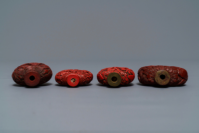 Four Chinese cinnabar lacquer snuff bottles, 19/20th C.