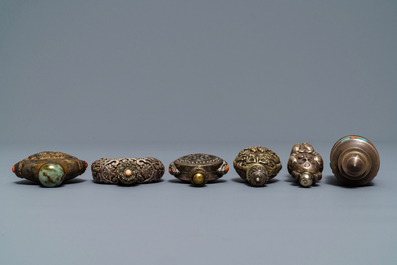 Six Chinese coral and turquoise-inlaid silver and jade snuff bottles, 19/20th C.