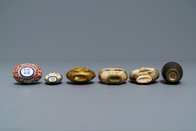 Six Chinese Canton and Beijing enamel, mother of pearl and gilt brass snuff bottles, 18/19th C.