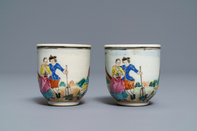A pair of fine Chinese famille rose 'European subject' cups and saucers, Qianlong