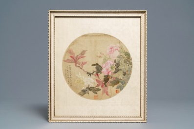 Chinese school, 18/19th C., watercolour and ink on silk: two floral fan leaves