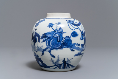 Een Chinese blauw-witte gemberpot met spelende zotjes, Kangxi