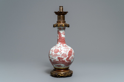 A Chinese underglaze red bottle-shaped 'dragon' vase with gilt-bronze mounts, 18/19th C.