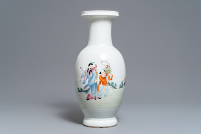 A Chinese famille rose 'immortals' baluster vase, Qianlong mark, 19/20th C.