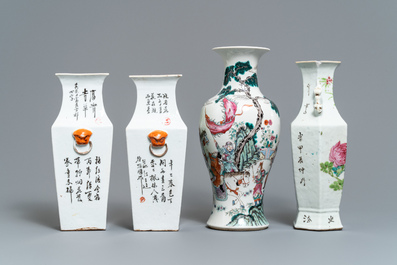 Quatre vases en porcelaine de Chine qianjiang cai et famille rose, 19&egrave;me