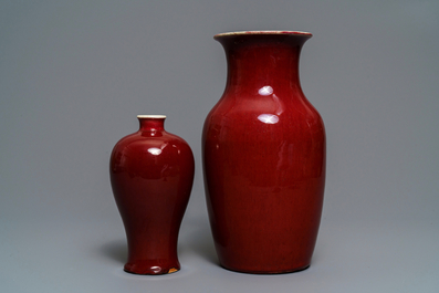 Two Chinese monochrome sang-de-boeuf and flamb&eacute; vases, 18/19th C.