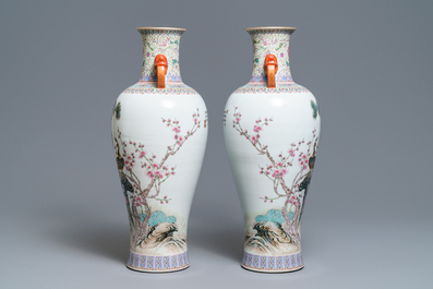 A pair of Chinese famille rose 'peacock' vases, Qianlong mark, Republic, 20th C.