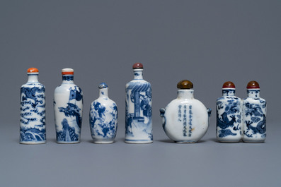 Six Chinese blue and white porcelain snuff bottles, 19/20th C.