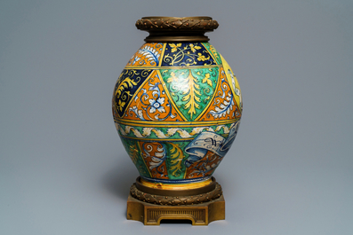 A bronze-mounted Italian maiolica pharmacy jar with a fine portrait, Faenza, 16th C.