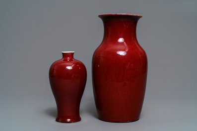 Two Chinese monochrome sang-de-boeuf and flamb&eacute; vases, 18/19th C.