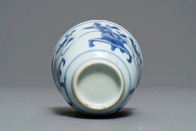 Five Chinese blue and white floral cups and saucers, Kangxi