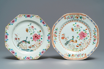 Six assiettes en porcelaine de Chine famille rose, verte et grisaille, Yongzheng/Qianlong