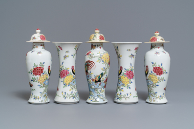 A famille rose-style five-piece garniture with roosters and chickens, Samson, Paris, 19th C.