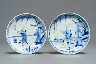 A pair of Chinese blue and white cups and saucers with figures, Ca Mau wreck, Yongzheng