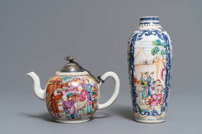 Onze tasses, huit soucoupes, une th&eacute;i&egrave;re et un vase en porcelaine de Chine famille rose &agrave; d&eacute;cor mandarin, Qianlong